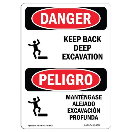 SIGNMISSION OSHA Danger, Keep Back Deep Excavation Bilingual, 14in X 10in Decal, 10" W, 14" H, Bilingual Spanish OS-DS-D-1014-VS-1380